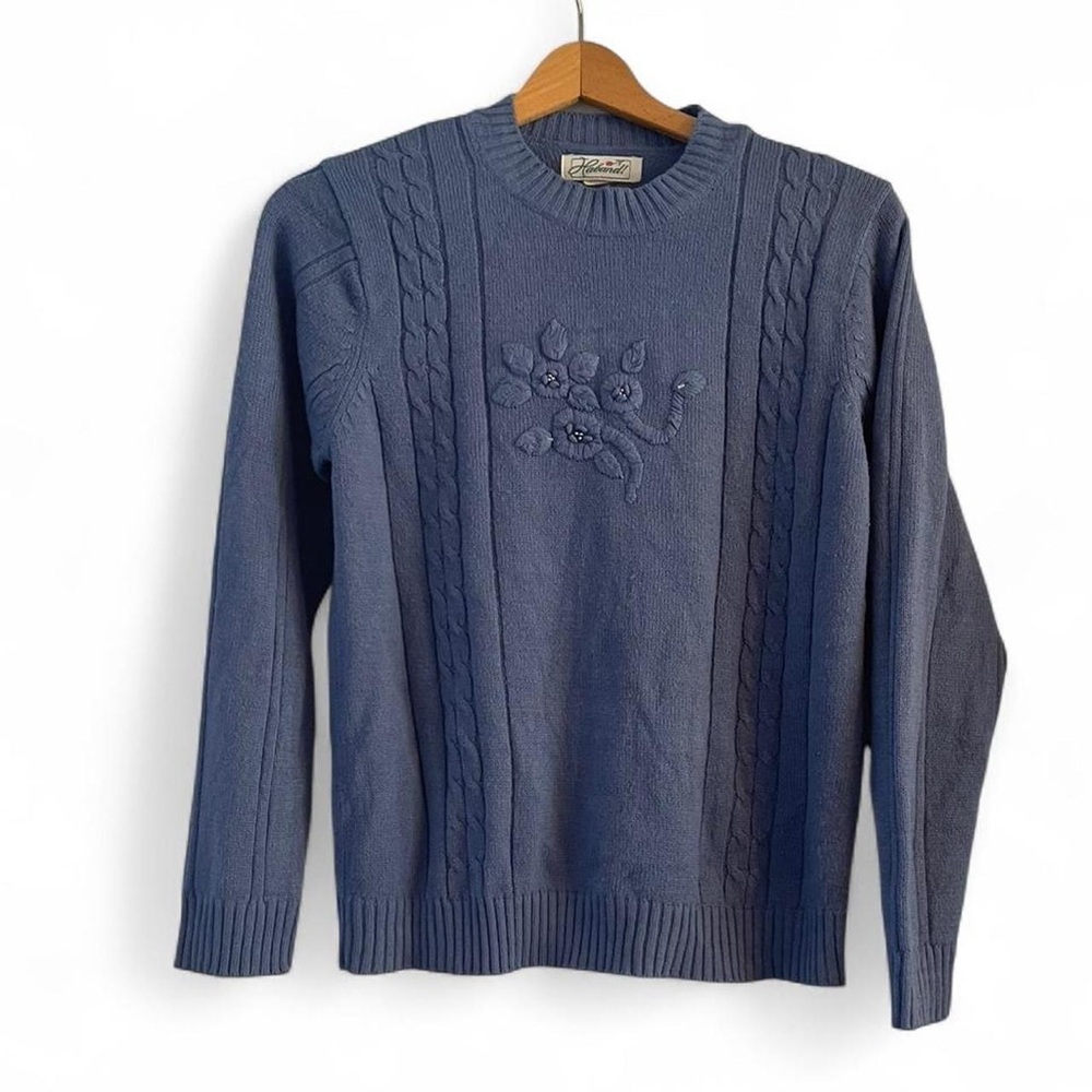 Haband Women's M Vintage 80s Cable Knit Floral Blue Spring Crewneck Sweater